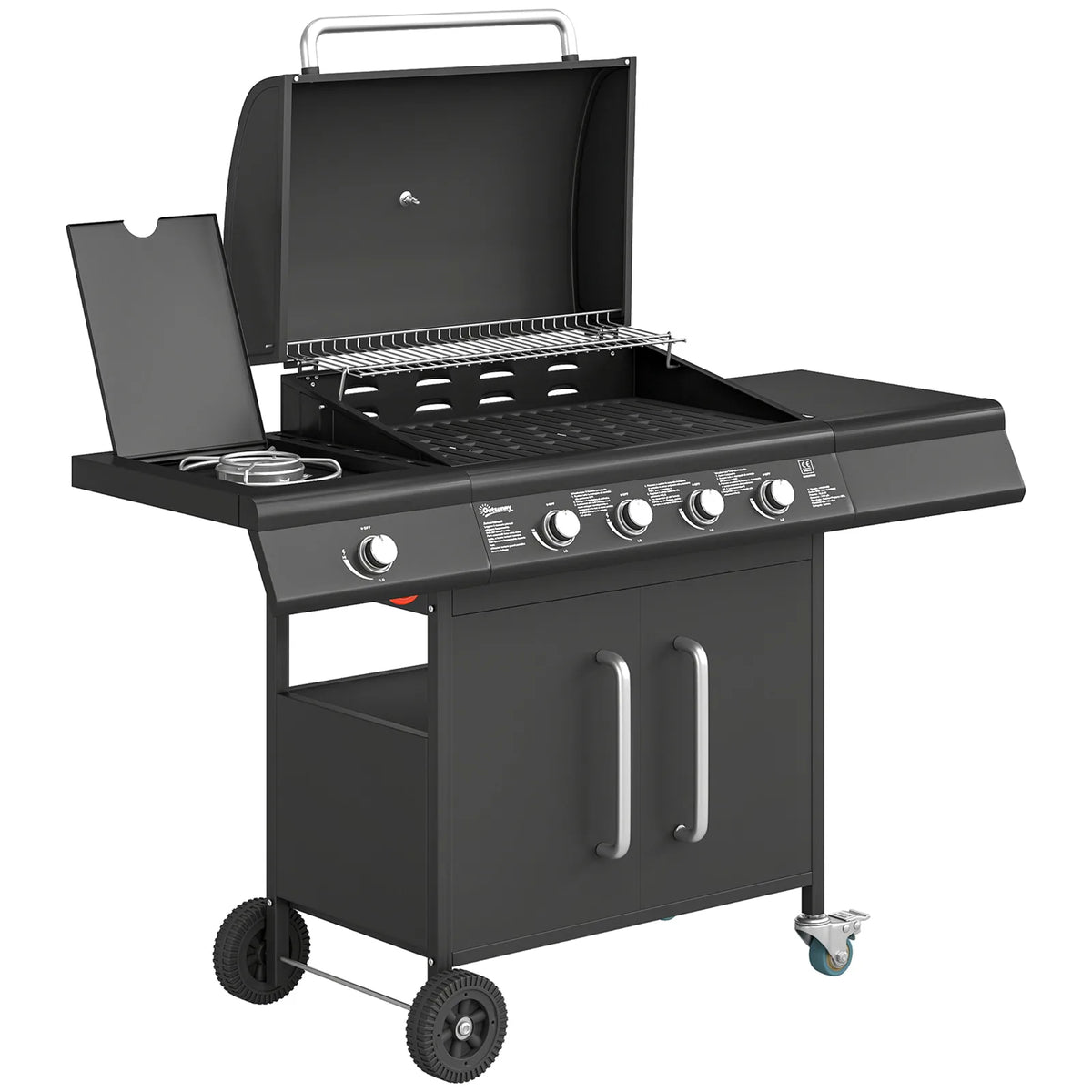 Outsunny 4 Burner Gas BBQ Grill with Storage Cabinet, 15.2 kW Gas Barbecue Trolley with Side Table, 4 Wheels, Warming Rack