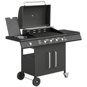 Outsunny 4 Burner Gas BBQ Grill with Storage Cabinet, 15.2 kW Gas Barbecue Trolley with Side Table, 4 Wheels, Warming Rack