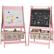 AIYAPLAY Kids Easel with Paper Roll, Blackboard, Whiteboard, Storage, Pink