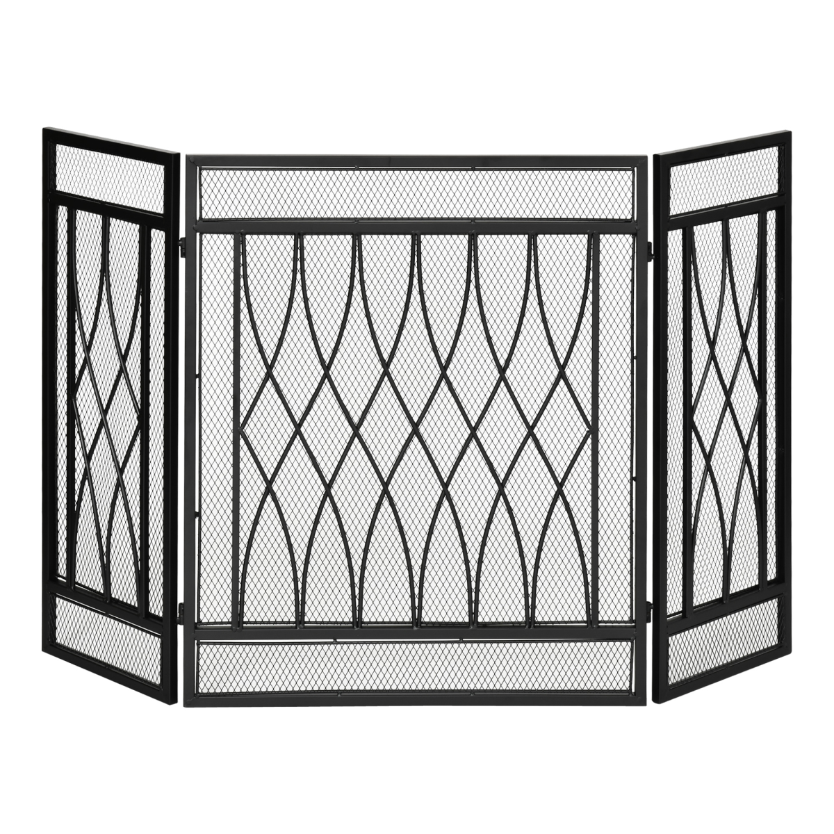 3-Panel Folding Fireplace Screen Metal Mesh Fire Spark Guard Black
