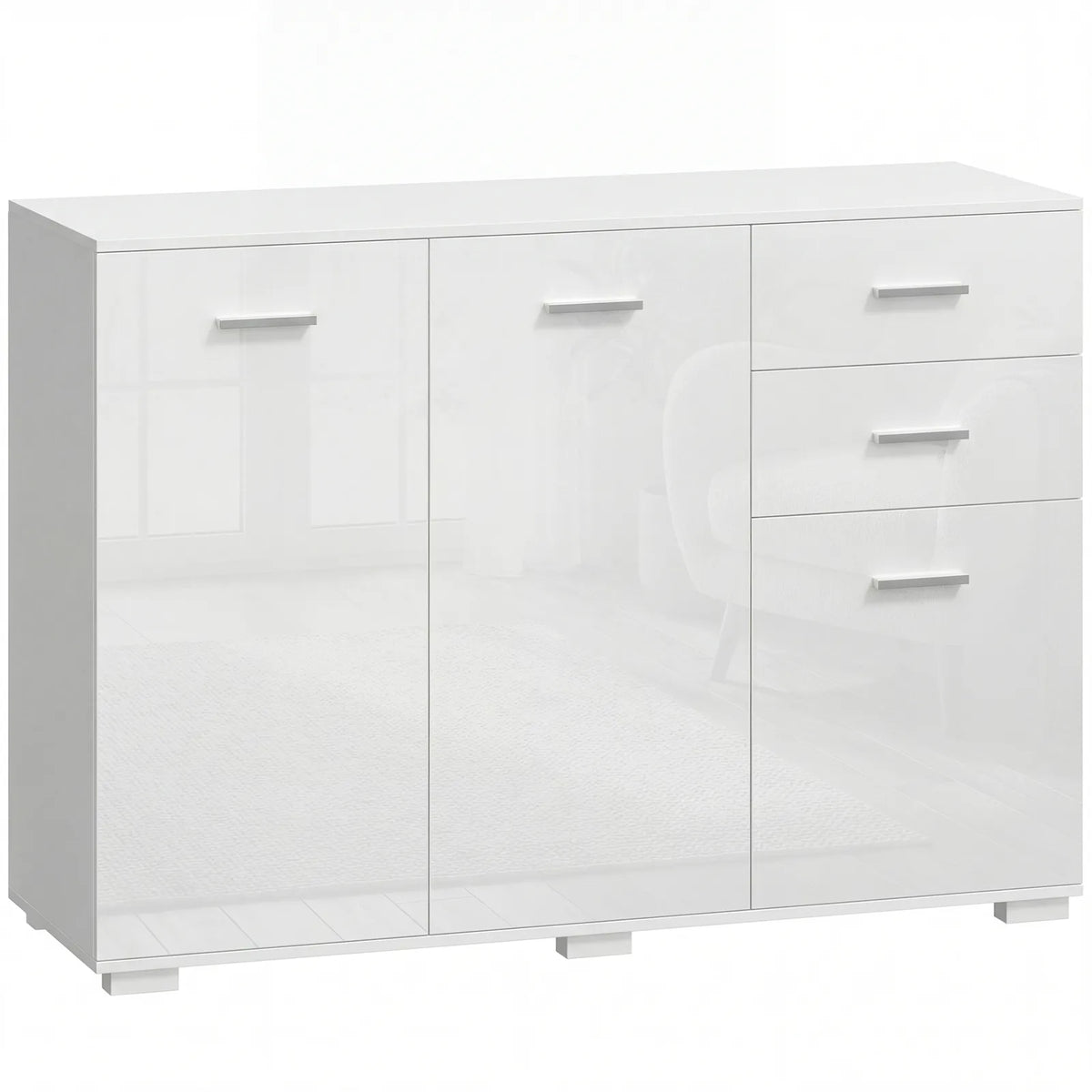 HOMCOM Sideboard, Modern Storage Cabinet with 2 Drawers, 3 Doors and Adjustable Shelves, High Gloss White