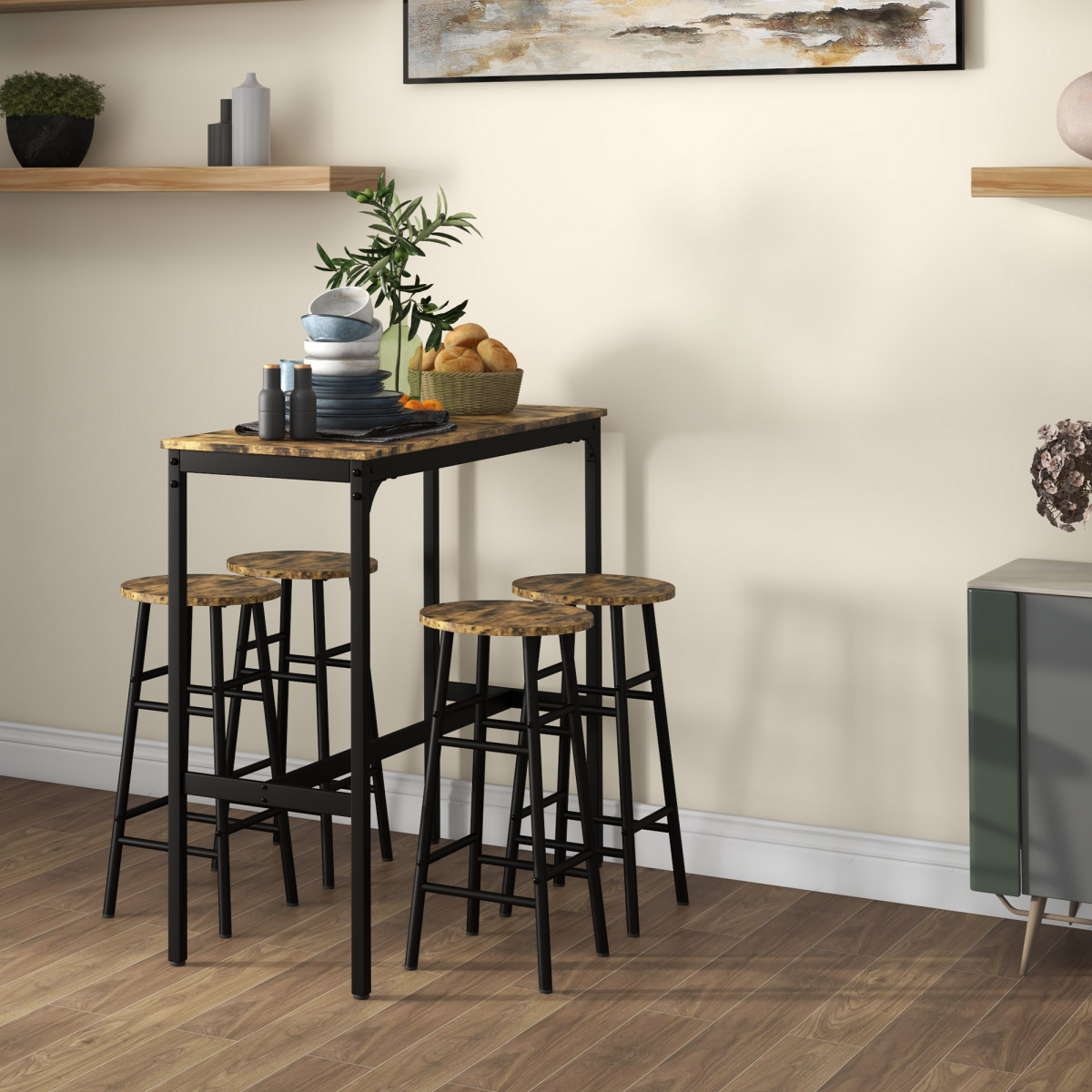 cortex-london-york-rustic-brown-black-table-four-stool-set