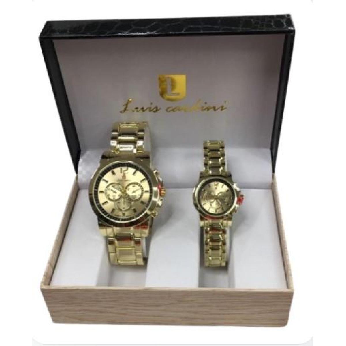 Luis Cardini Couple Mens & Ladies Round Gold Dial Gold Bracelet Watch Gift Set