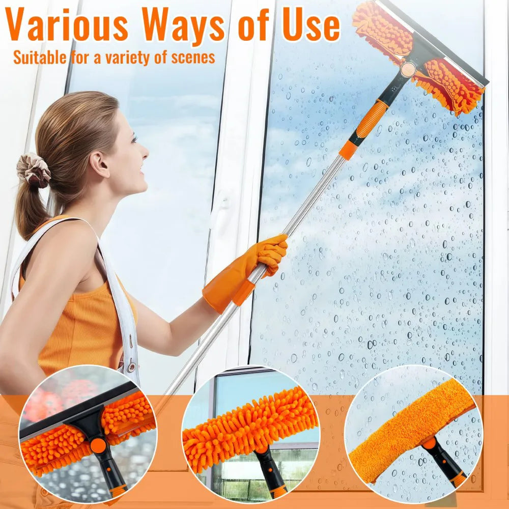 4.5m 15ft Telescopic Window Cleaning Brush Kit Extending Wash Head Squeegee High