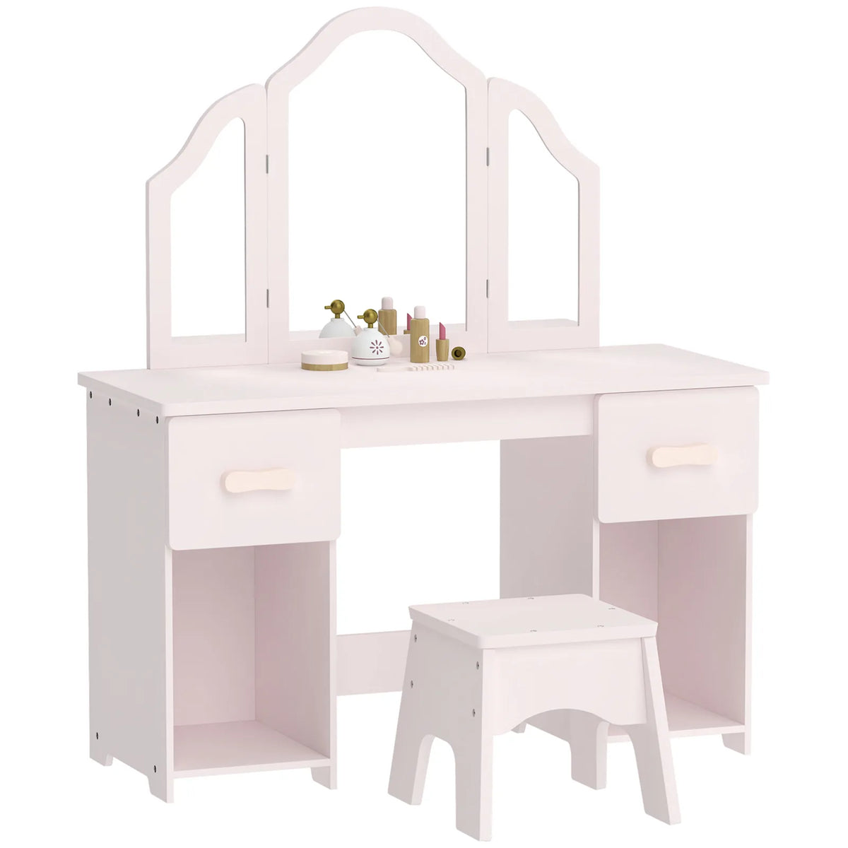 AIYAPLAY Kids Dressing Table, Kids Vanity Table and Chair Set with Tri-Folding Mirror, 2 Drawers, 2 Cabinets for Girls 3, Pink