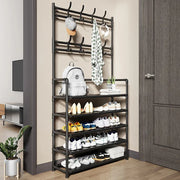 New Coat and Hat Stand 8 Hooks Metal Shoe Rack 5 Tiers Shelf Hanger Black