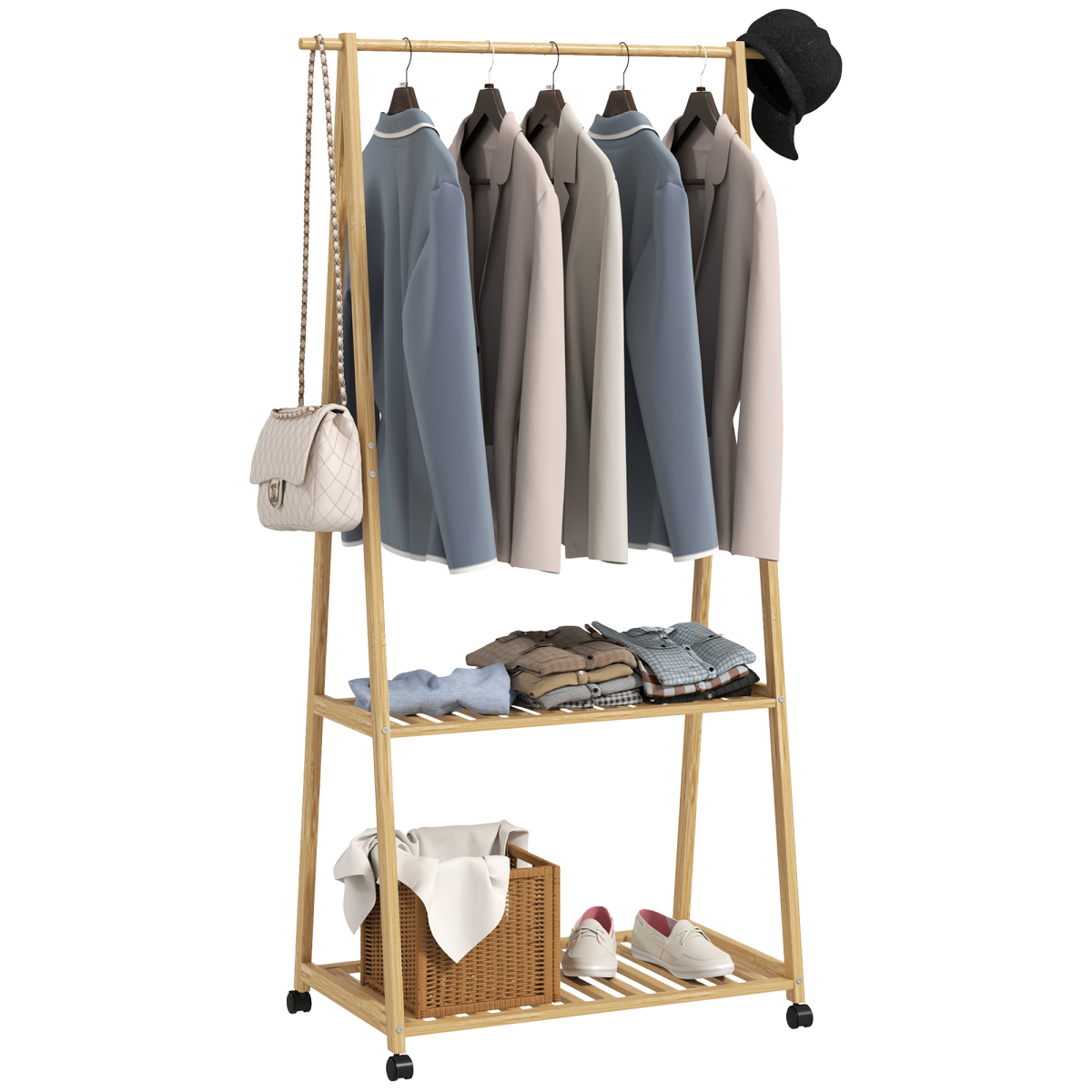HOMCOM Bamboo Clothes Rail Rack with 2 Storage Shelves, Natural Wood Effect