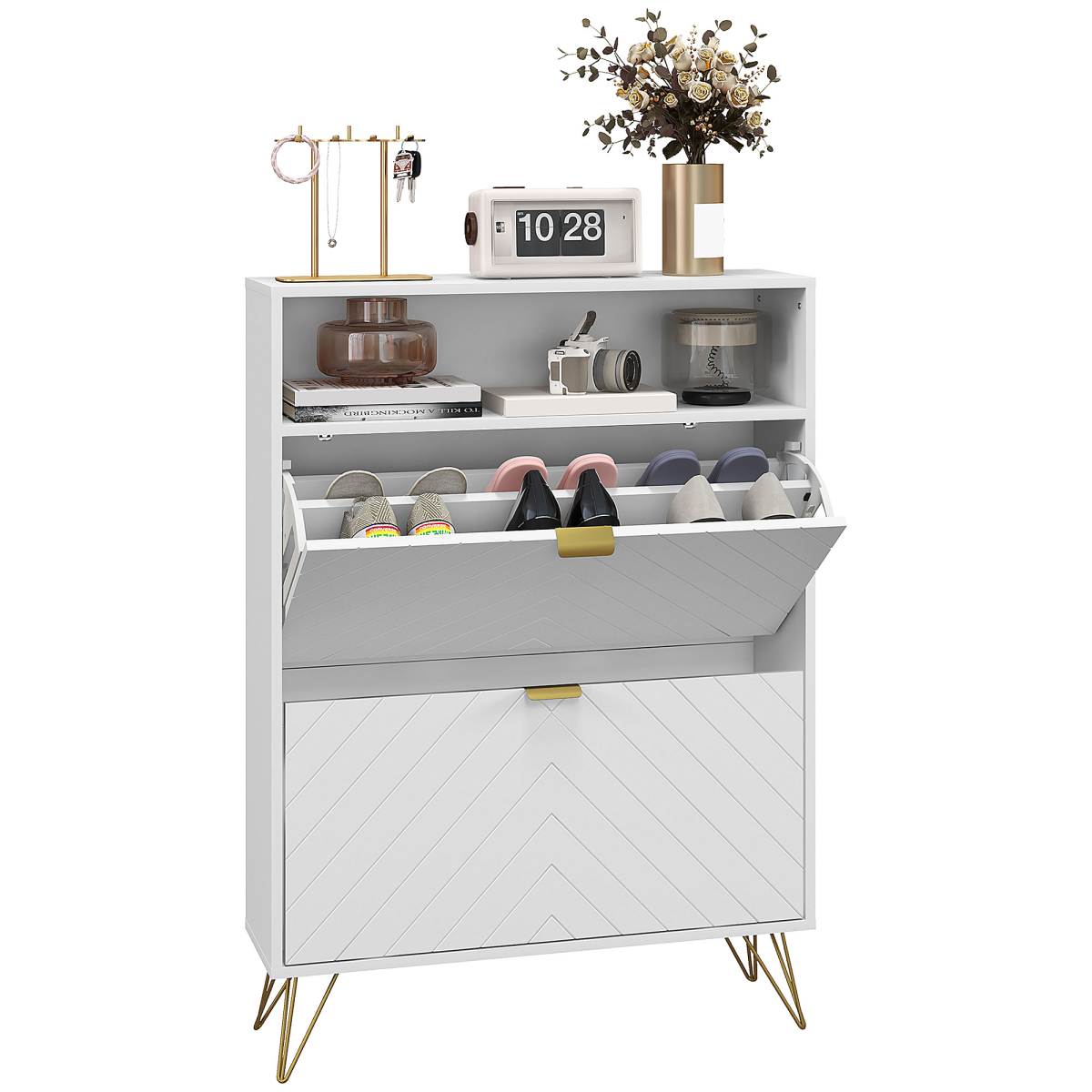cortex-london-windsor-narrow-shoe-storage-cabinet-two-flip-drawers-white-gold-tone