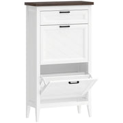 HOMCOM Shoe Cabinet with 2 Flip Drawers, Farmhouse Narrow Shoe Storage Cabinet with Adjustable Shelves, White