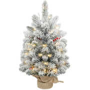 HOMCOM 60 cm Prelit Small Christmas Tree with 35 LED Lights, Snow Flocked Tabletop Mini Xmas Tree with 72 Dense Branches, Pine Cones, Berry Clusters and Linen Cover Base, Battery Operated, Green