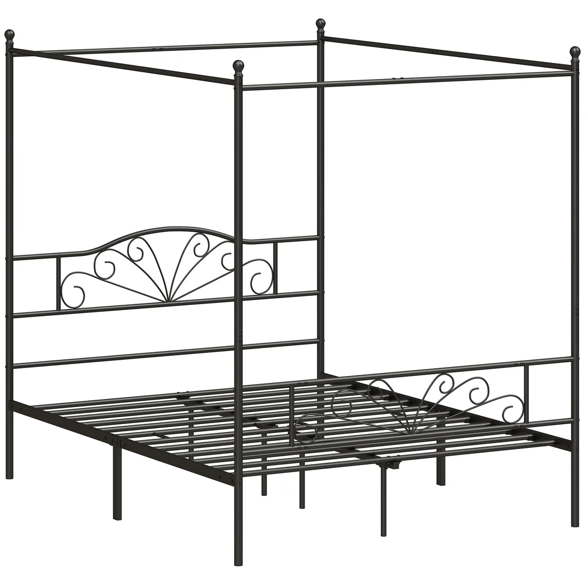 HOMCOM Canopy Bed Frame Double Size, Metal Platform Bed Frame with Headboard and Footboard, Underbed Storage, Black