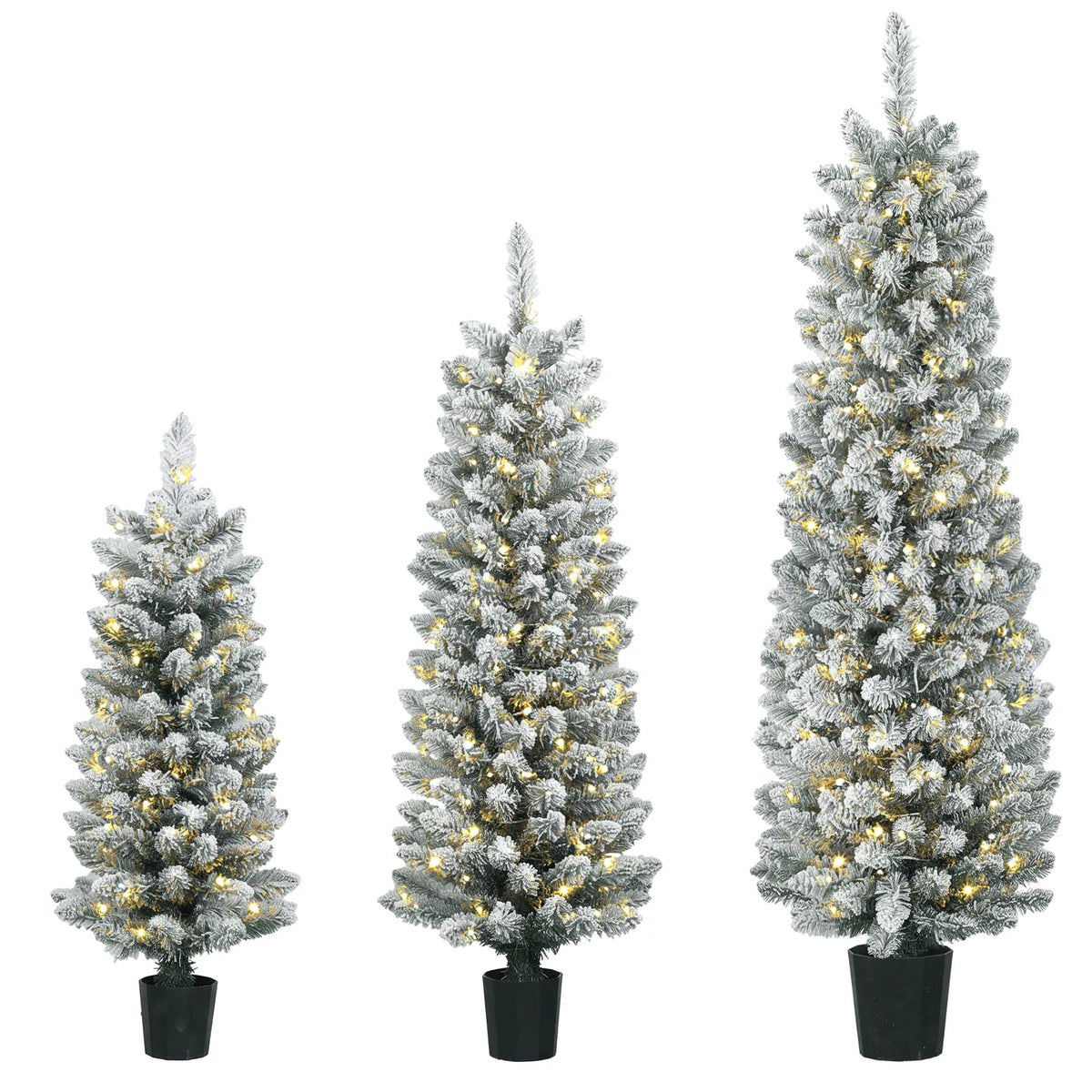 HOMCOM Prelit Snowy Flocked Artificial Christmas Tree Set of 3, Slim Xmas Tree with PVC Tips, 3FT??