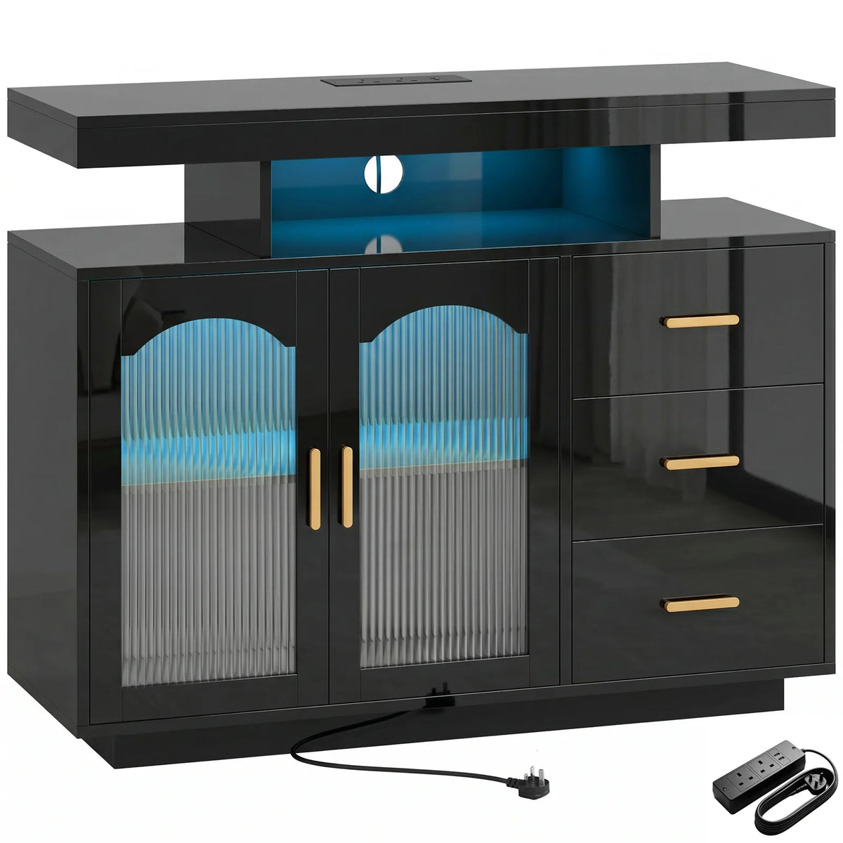 HOMCOM High Gloss Sideboard with LED Lights, Built-in Power Outlets, 3 Drawers, Shelves and 2 Acrylic Doors, Black