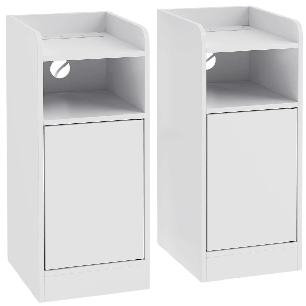 HOMCOM Slim Bedside Table Set of 2 with Charging Station, Narrow Bedside Cabinet with Adjustable Shelf, White