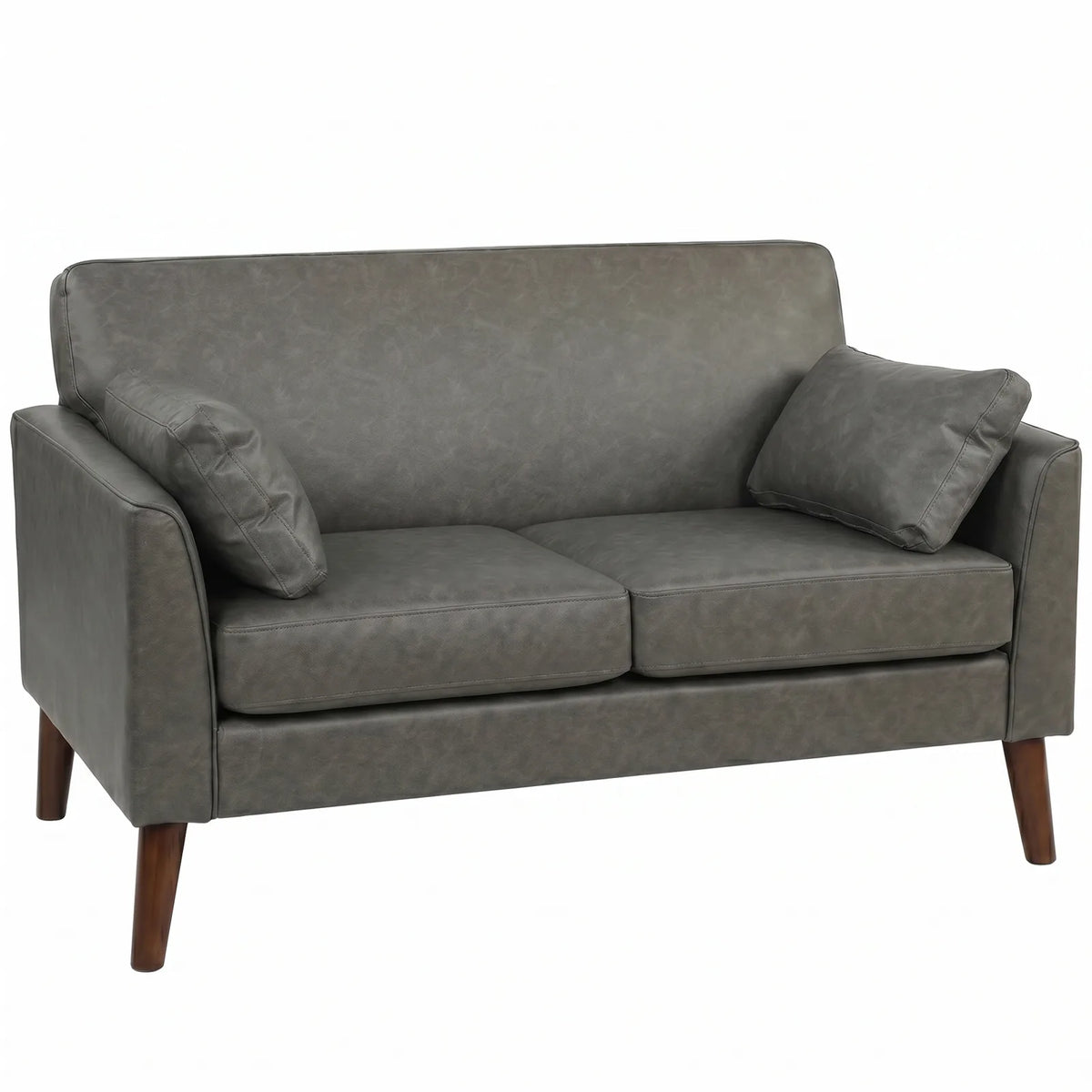 HOMCOM 2 Seater Sofa, 132 cm Modern Small Sofa with Solid Wood Legs and 2 Pillows for Small Space, Grey