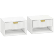 HOMCOM Set of 2 Wall Mounted Nightstands, Floating Bedside Tables with Fluted Drawer and Open Shelf for Small Bedroom, White