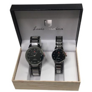 Luis Cardini Couple Mens & Ladies Round Black Dial 2 Tone Bracelet Watch Gift Set