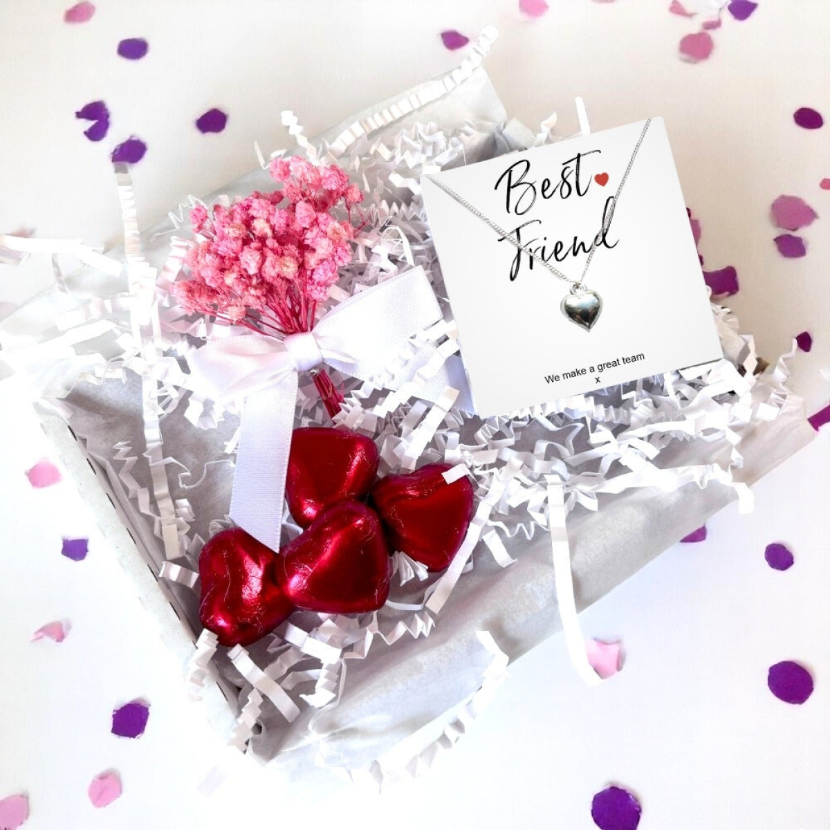 Best Friend Mini Gift Hamper with Silver Heart Necklace | Letter Box Gift For Her | Unique Gifts For Her Birthday, Thank you or Christmas UK