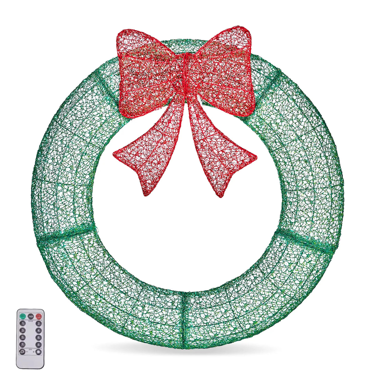 36in Pre-lit Outdoor Christmas Wreath Decoration, Lighted Metal Wreath with Red Bow, Remote Control LED Lights with Timer, for Front Door Gate Wall Indoor Outdoor Holiday Party