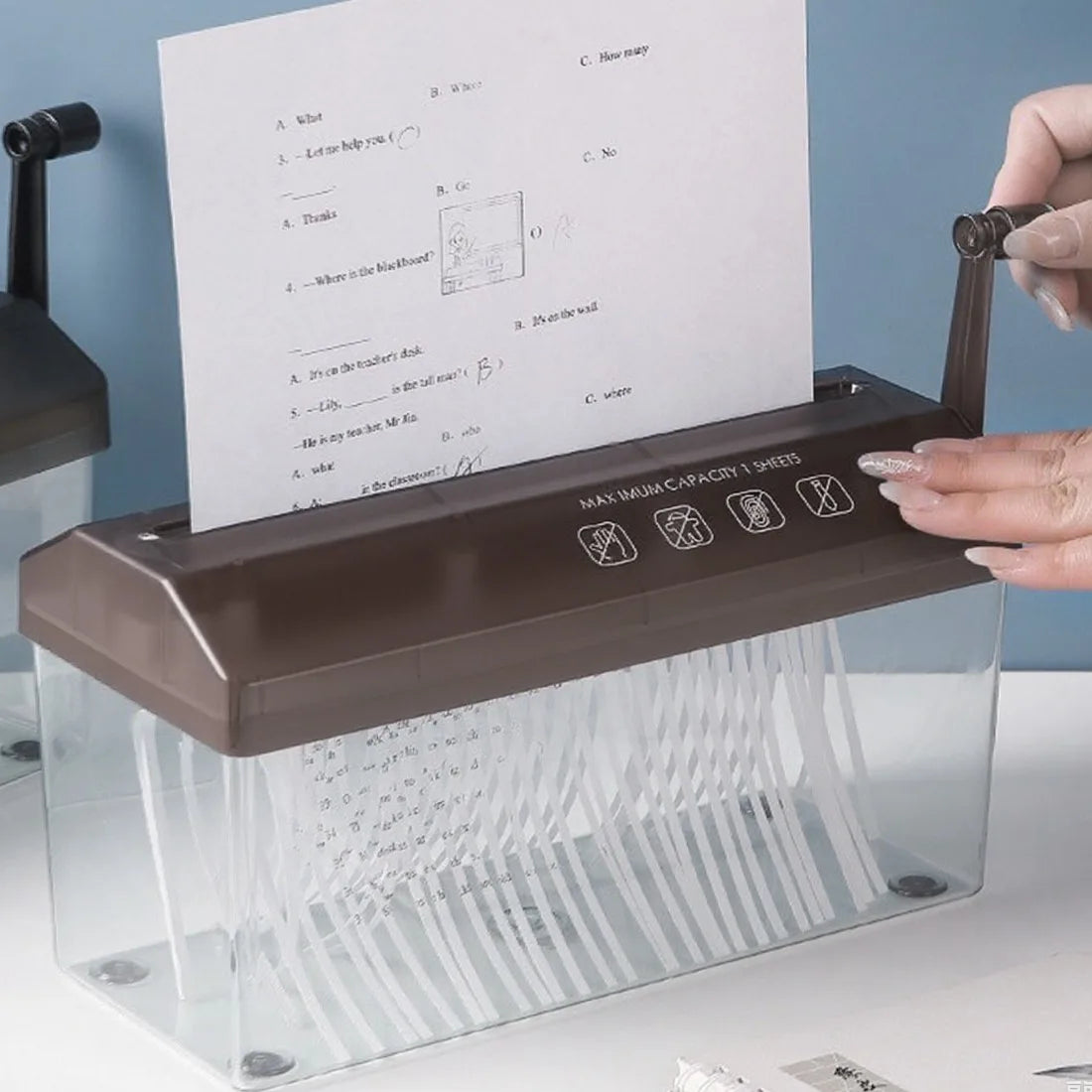 NEW Hand Manual Desktop Office A4 Paper Shredder Strip Cut Shredding w/ Wastebasket UK