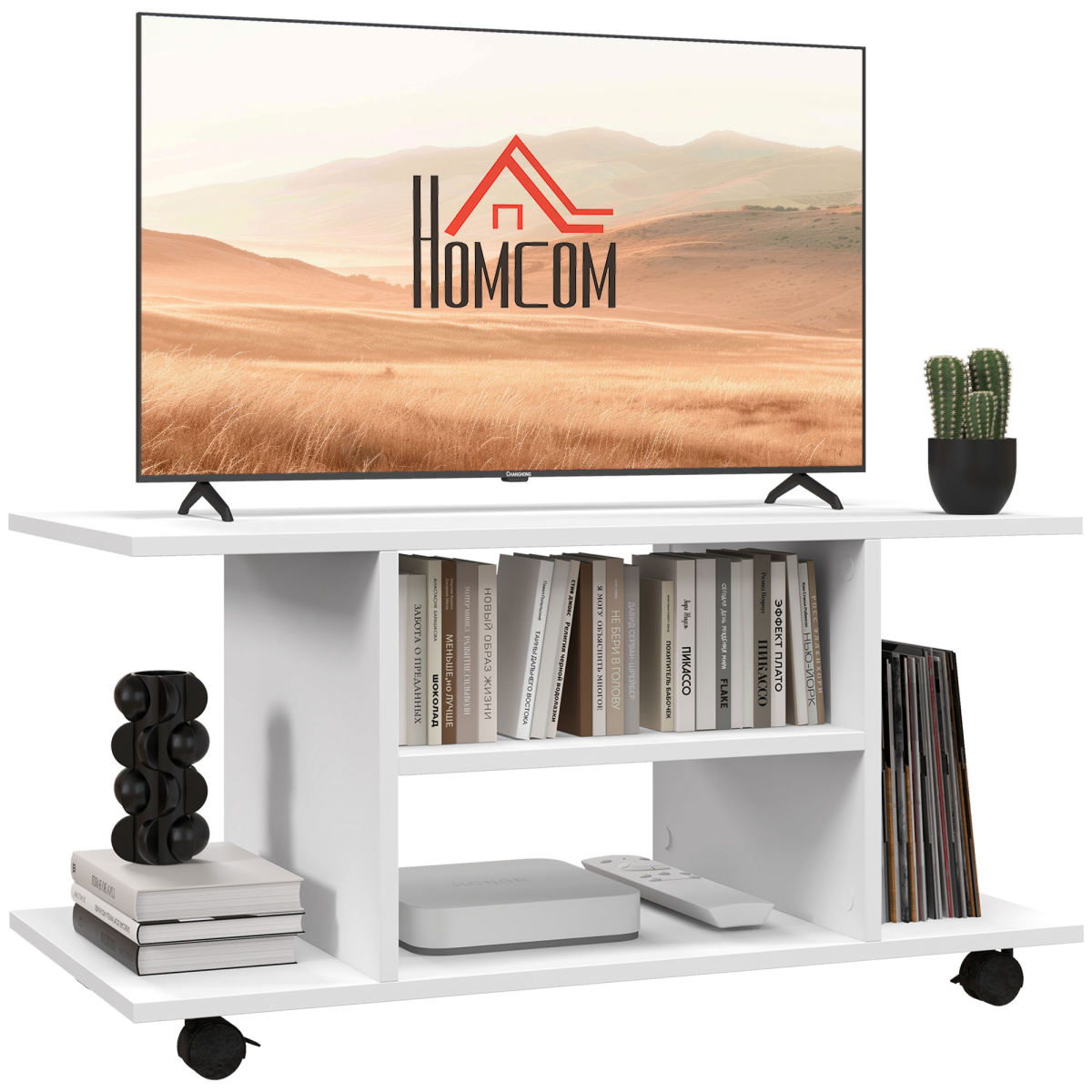 TV Stand Bookshelf Cabinet Modern 3 Tier shelf Storage Wheels in White
