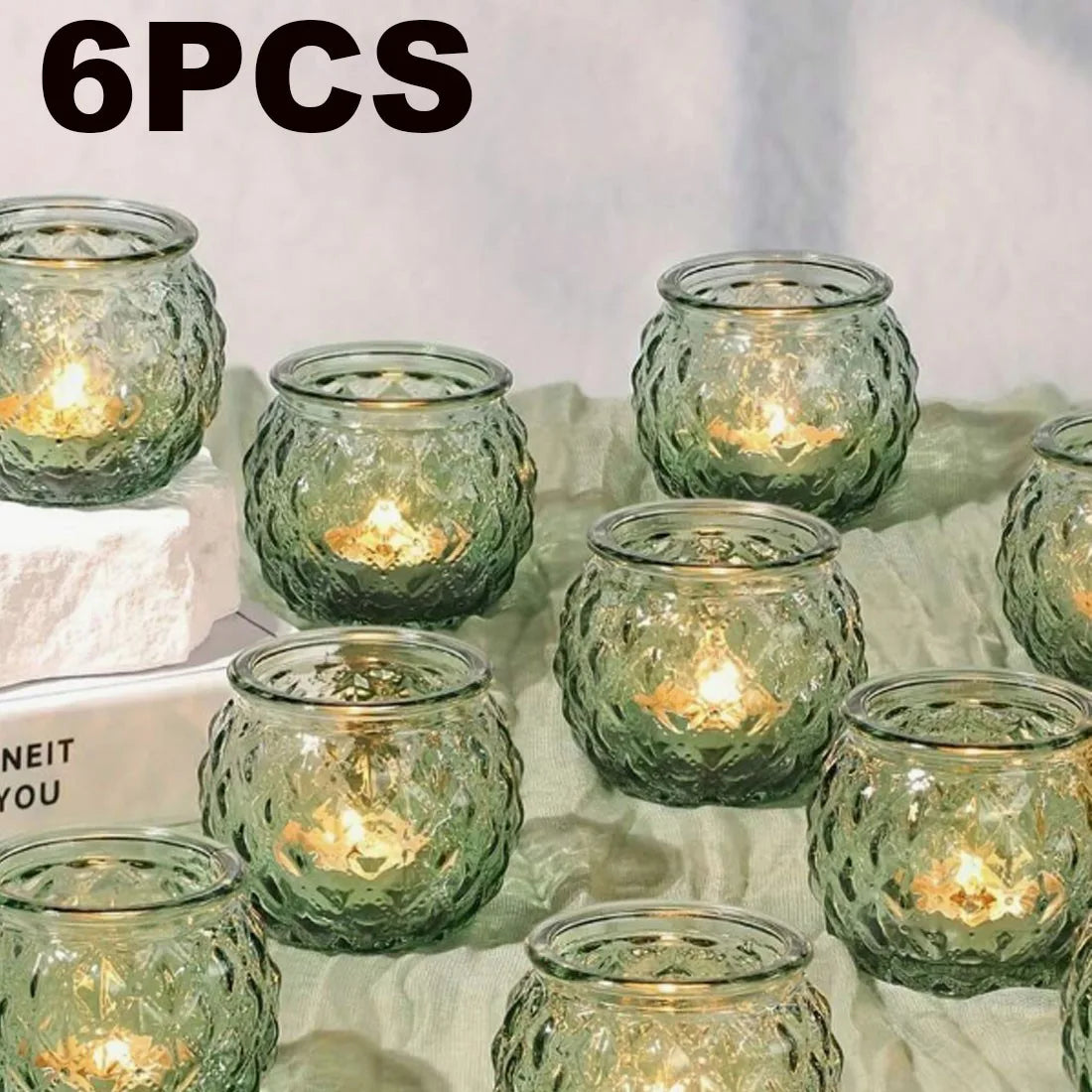6pcs Green Glass Candle Holder Clear Glass Modern Round  Candle Holder pack