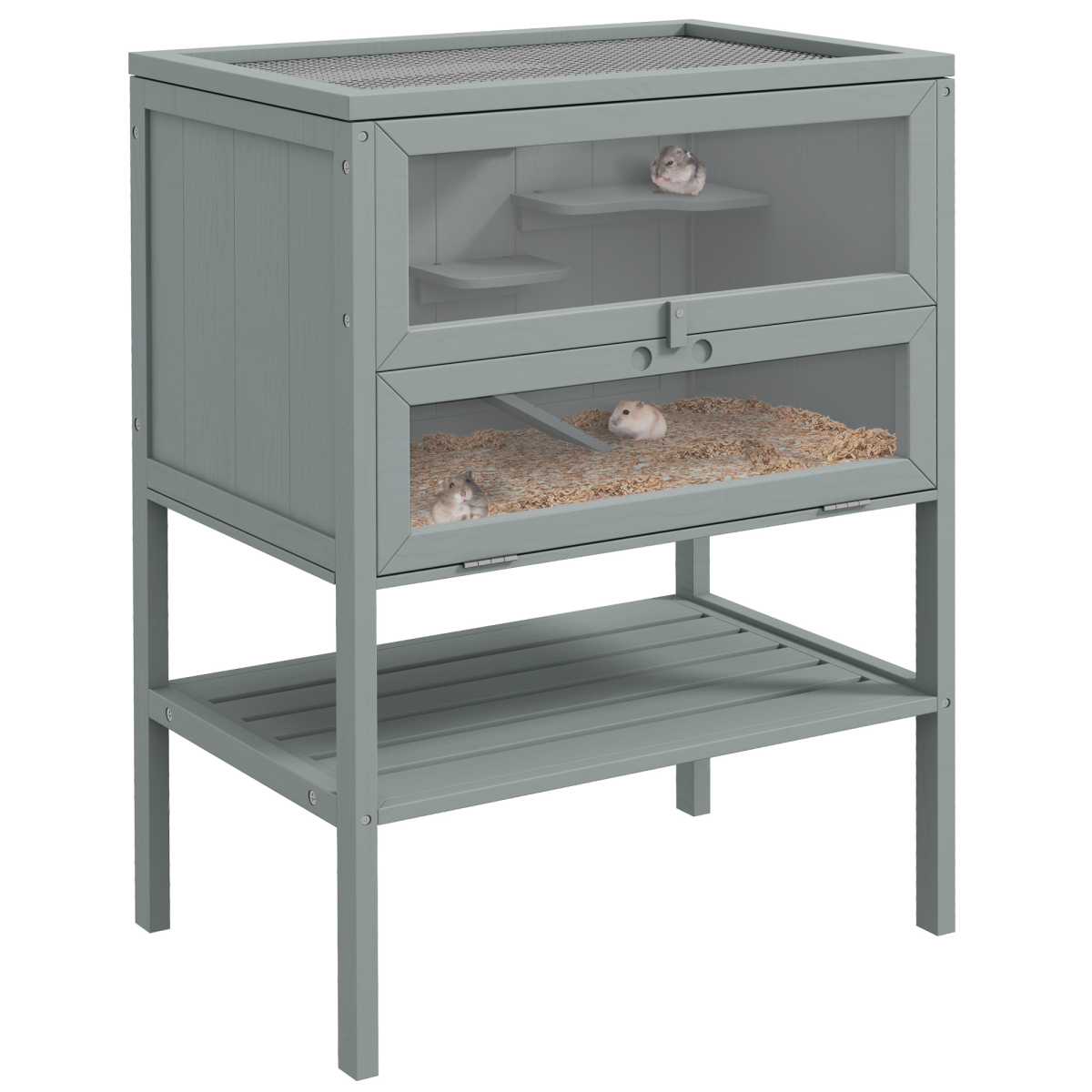 PawHut Wooden Hamster Cage w/ Storage Shelf, Openable Top for Gerbils, Grey