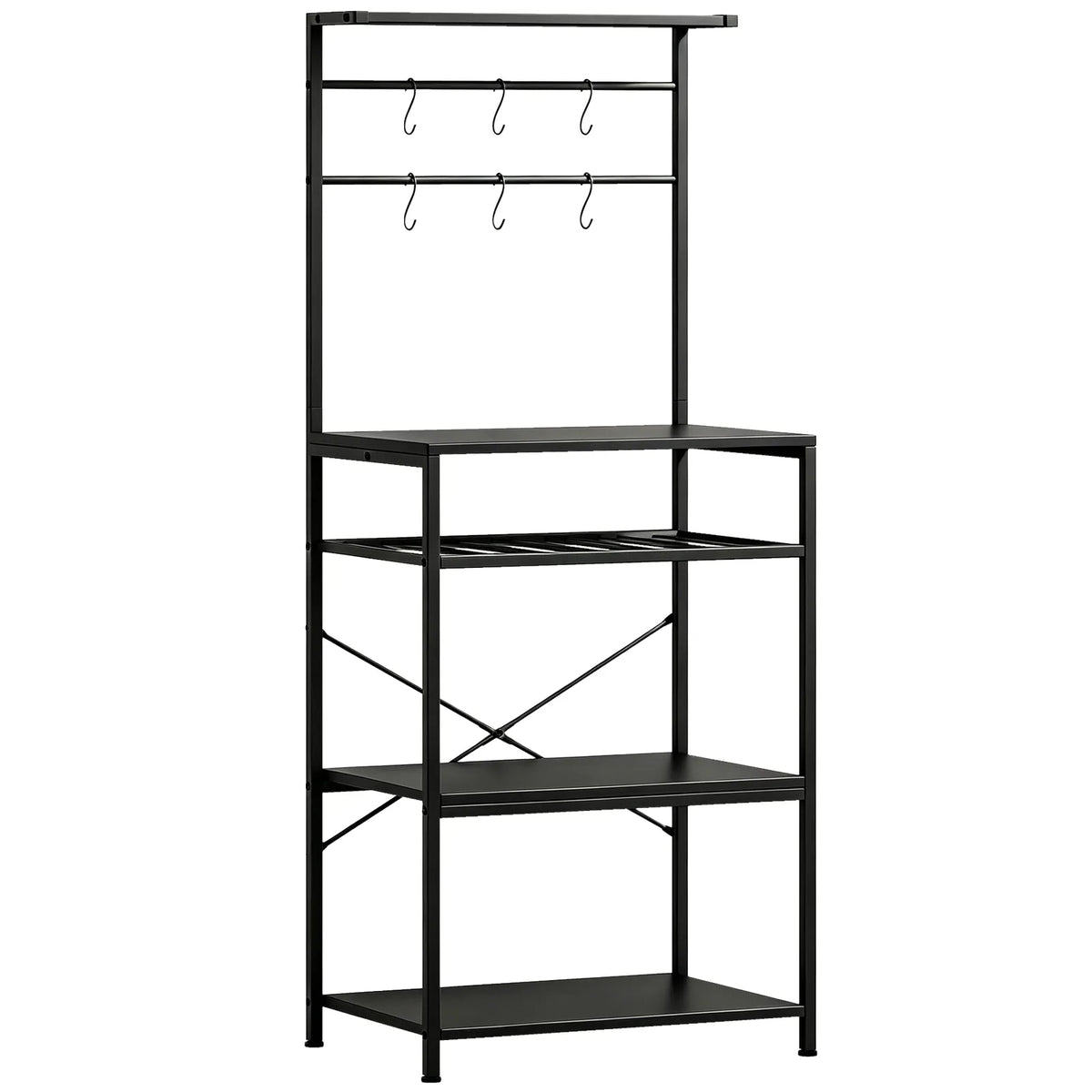 HOMCOM Freestanding Shelving Unit, Industrial Storage Shelf with 6 Hooks and Wine Rack for Living Room, Home Office, Black