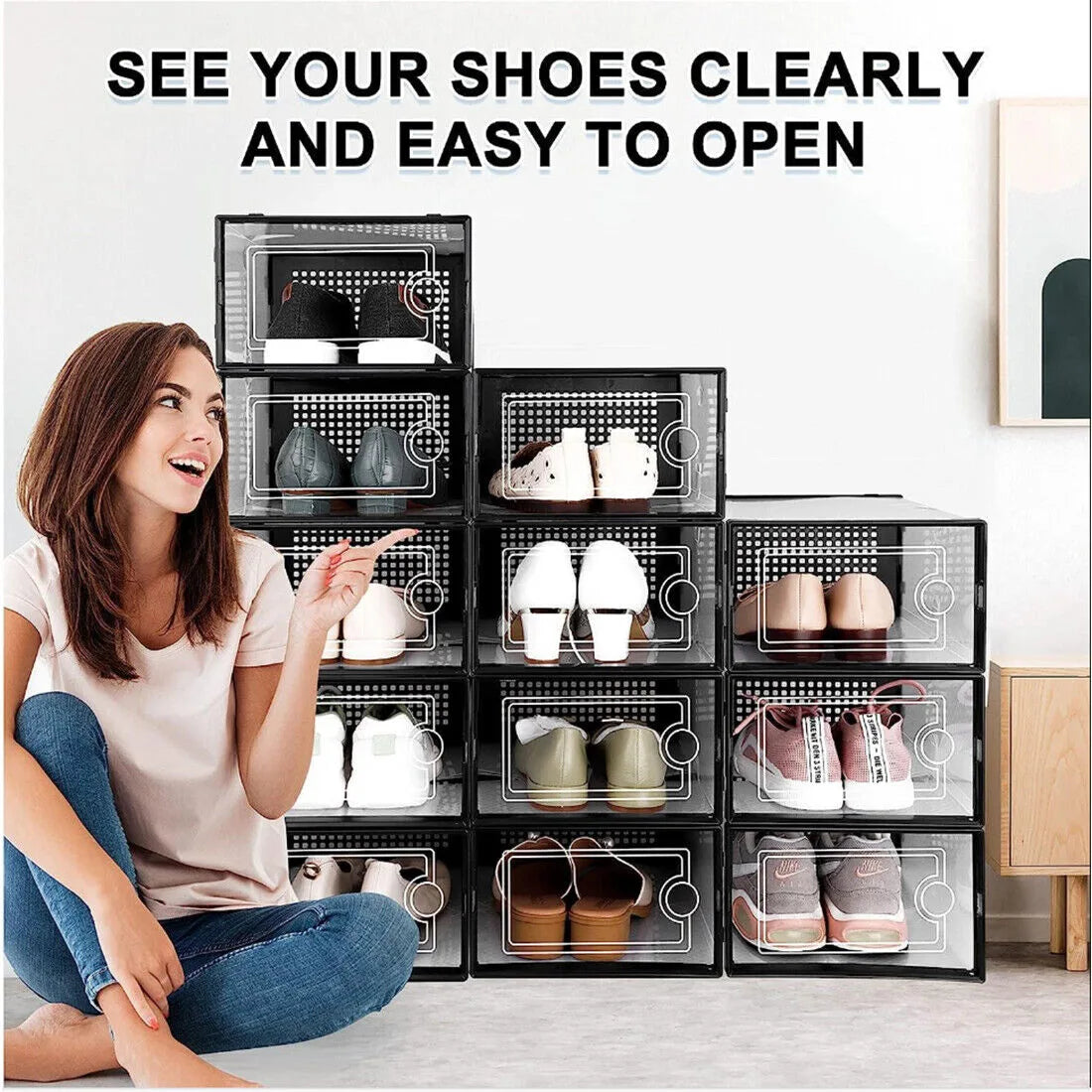 Brand New 12-Piece Set of Clear Shoe Boxes/Storage Bins — Plastic, Stackable-Black