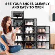 Brand New 12-Piece Set of Clear Shoe Boxes/Storage Bins — Plastic, Stackable-Black