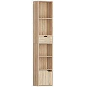 HOMCOM 6-Tier Bookcase, Tall Narrow Bookshelf with Drawer and Door - Natural Wood Finish