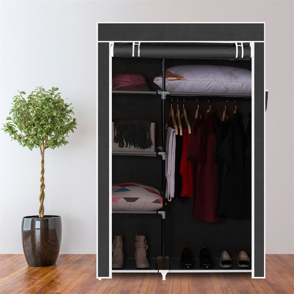 cortex-london-windsor-64-inch-black-portable-wardrobe-storage-closet-with-shelves