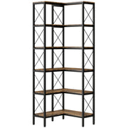 HOMCOM 5-Tier L-Shaped Bookshelf, Freestanding Corner Bookcase with Metal Frame, Rustic Brown