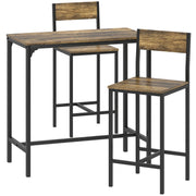 HOMCOM 3-Piece Bar Table Set with 2 Stools, Industrial Breakfast Bar Set with Footrest, Backrest for Dining Room, Small Space