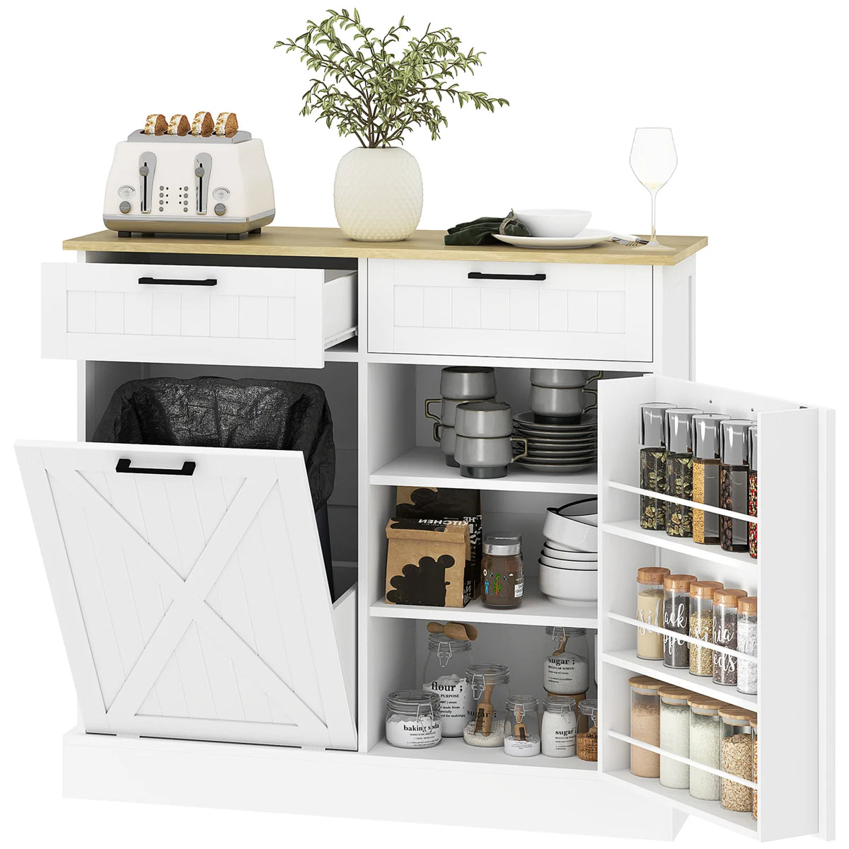 HOMCOM Sideboard with Tilt-out Trash Bin, Farmhouse Kitchen Sideboard with 2 Drawers, Adjustable Shelves, Door Racks, White