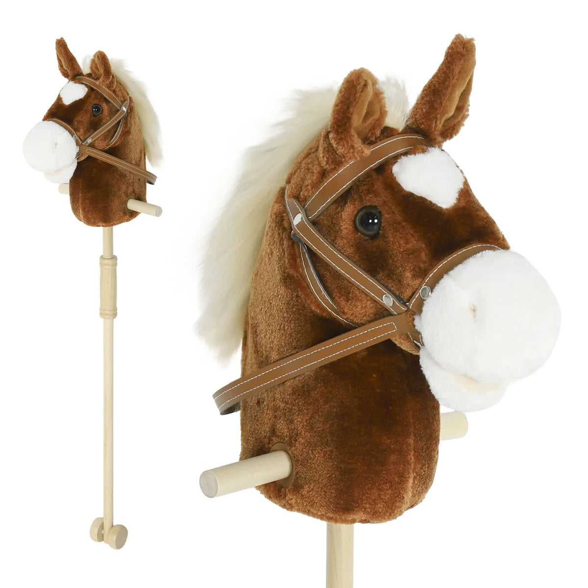 AIYAPLAY Stick Horse with Wood Wheels, Real Pony Neighing and Galloping Sounds, Grip Handle, 95 cm, Brown