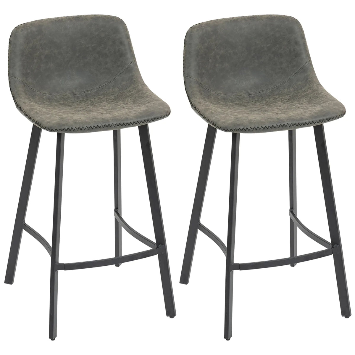 HOMCOM Bar Stools Set of 2, PU Leather Dining Stools with Backrest, Footrest, for Kitchen, Counter, Breakfast Bar, Grey