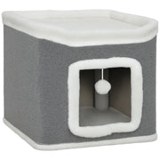 PawHut Cat House for Indoor Kittens, 2-Level Cat Cave Bed with Fluffy Balls, Top Bed, Kitten Barrel for Multi Kitties, Grey