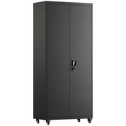 HOMCOM Metal Storage Cabinet, 180 cm Tall Lockable Steel Tool Cabinet with Removable Wheels and Adjustable Shelves, Black