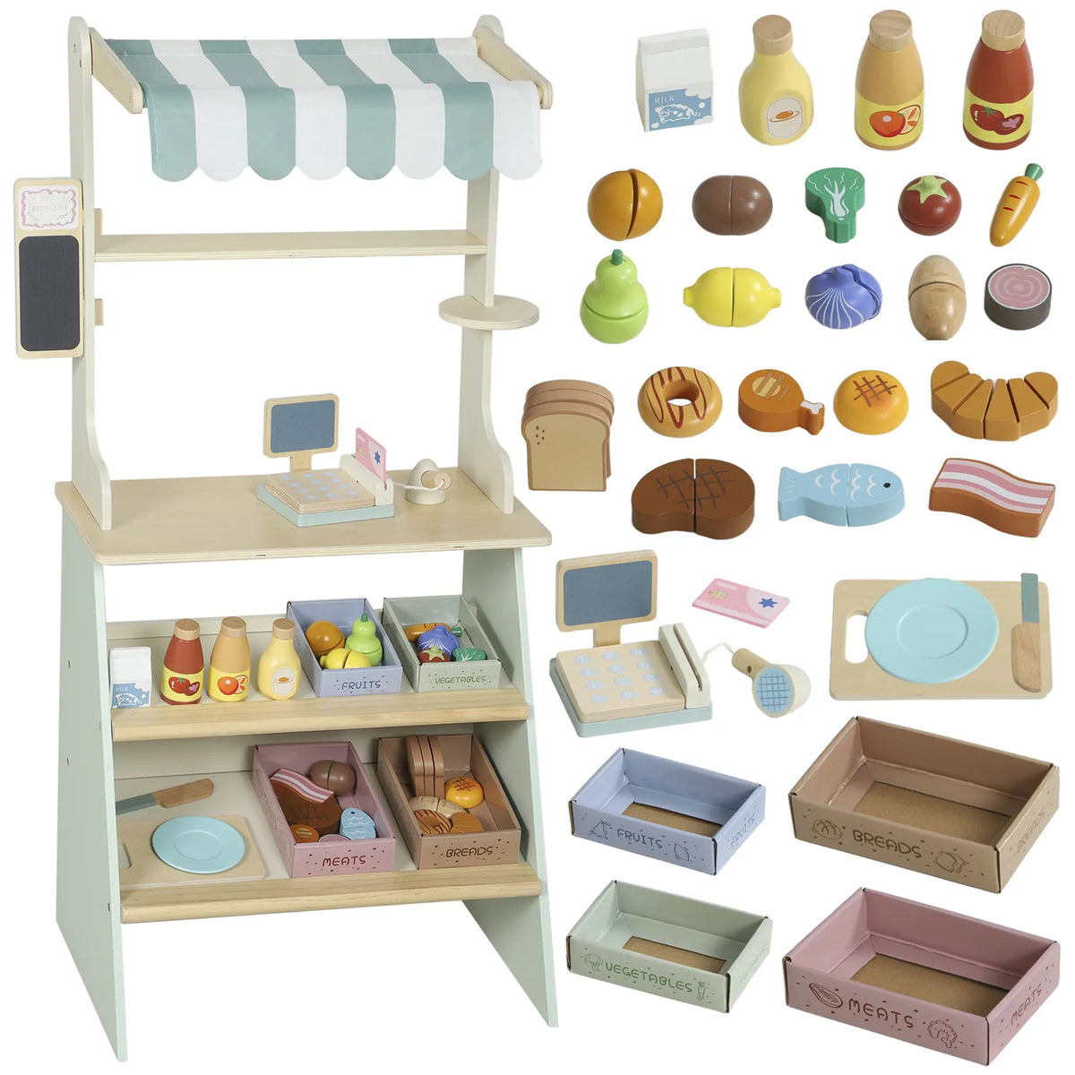 AIYAPLAY Wooden Toy Shop, Wooden Market Stall with Cash Register, Blackboard and Toy Food, 4 Storage Boxes, Ages 3, Green