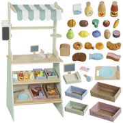 AIYAPLAY Wooden Toy Shop, Wooden Market Stall with Cash Register, Blackboard and Toy Food, 4 Storage Boxes, Ages 3, Green