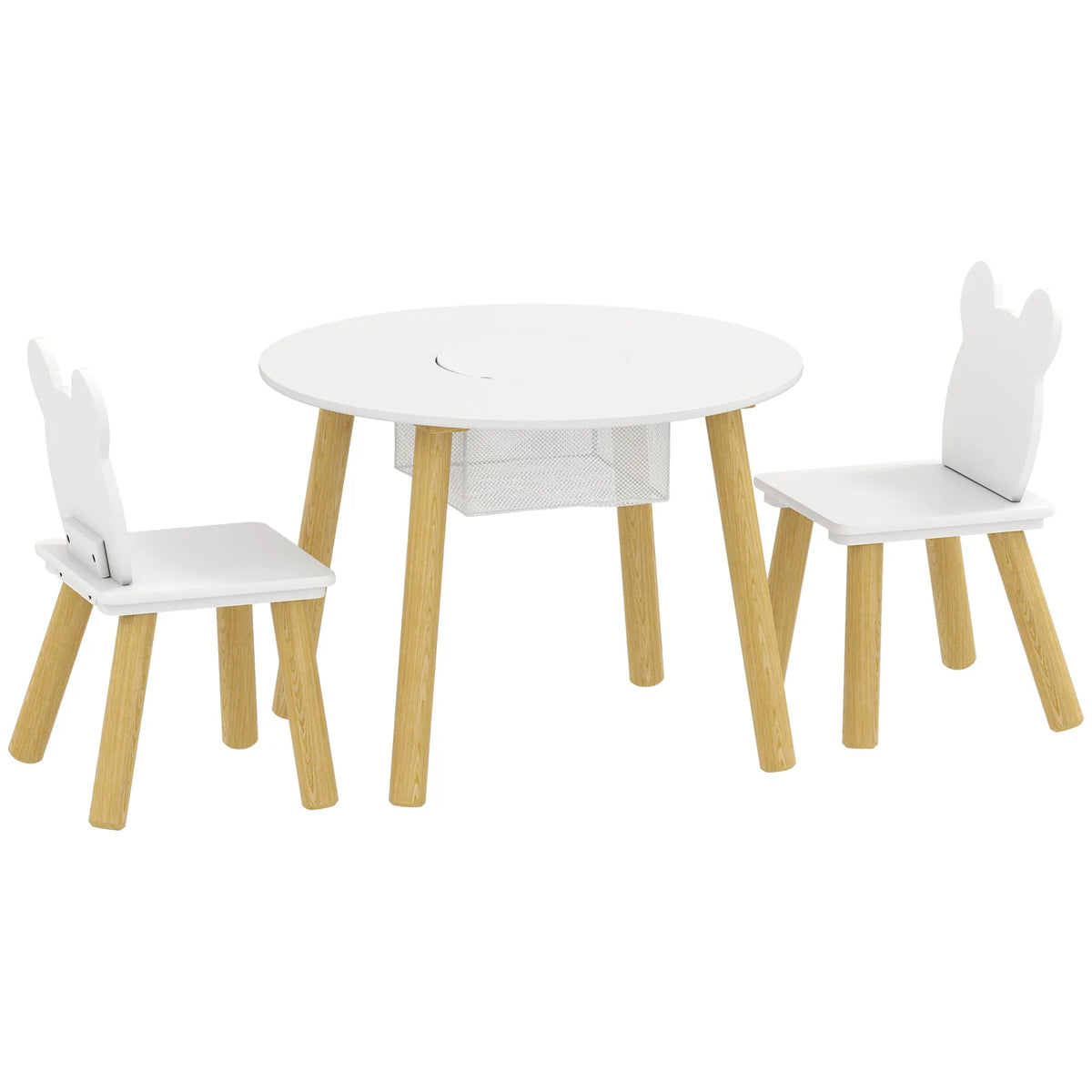 AIYAPLAY 3-Piece Kids Activity Table Set with Centre Mesh Bag, Bear-Shaped Backrest, for Arts and Crafts, Reading, White