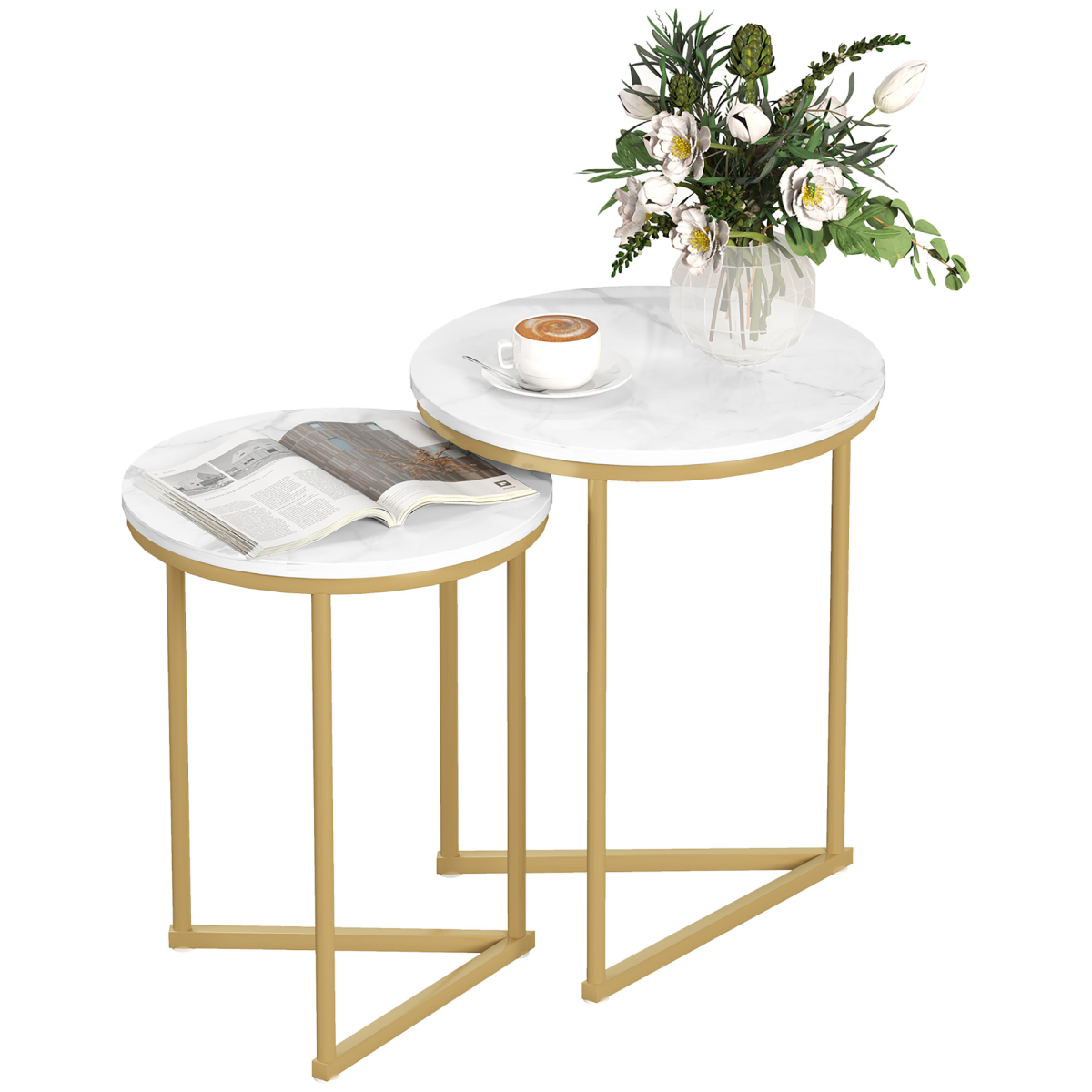 HOMCOM Nesting Coffee Table Set of 2 with Metal Frame, Gold Tone