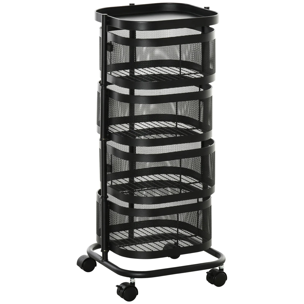 HOMCOM Metal Storage Cart, 4-Tier Storage Trolley on Wheels with 4 Mesh Baskets and Top Tray, Black