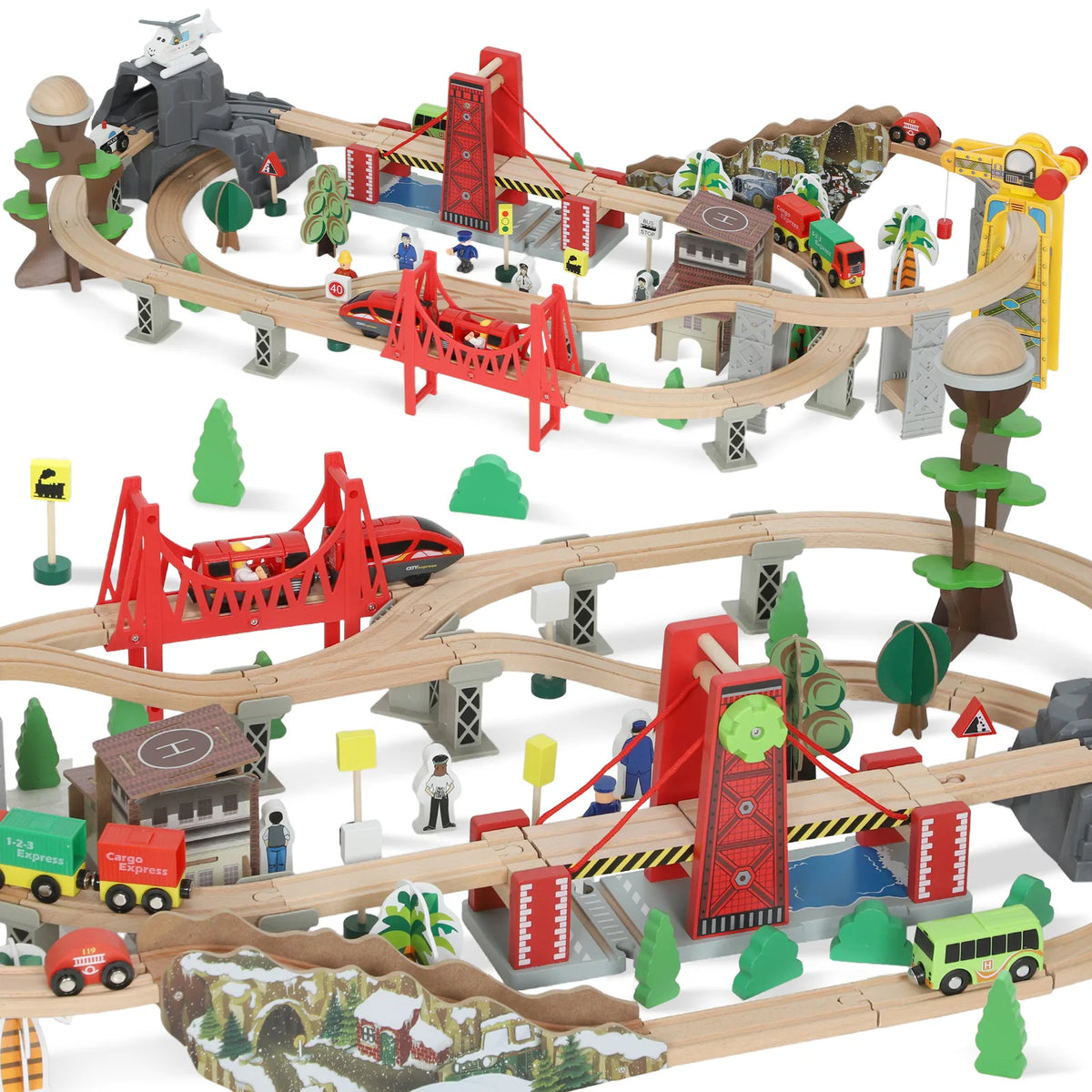 AIYAPLAY 100 Piece Wooden Train Set for Kids 3 Years with Track, Crane, Battery Operated Train