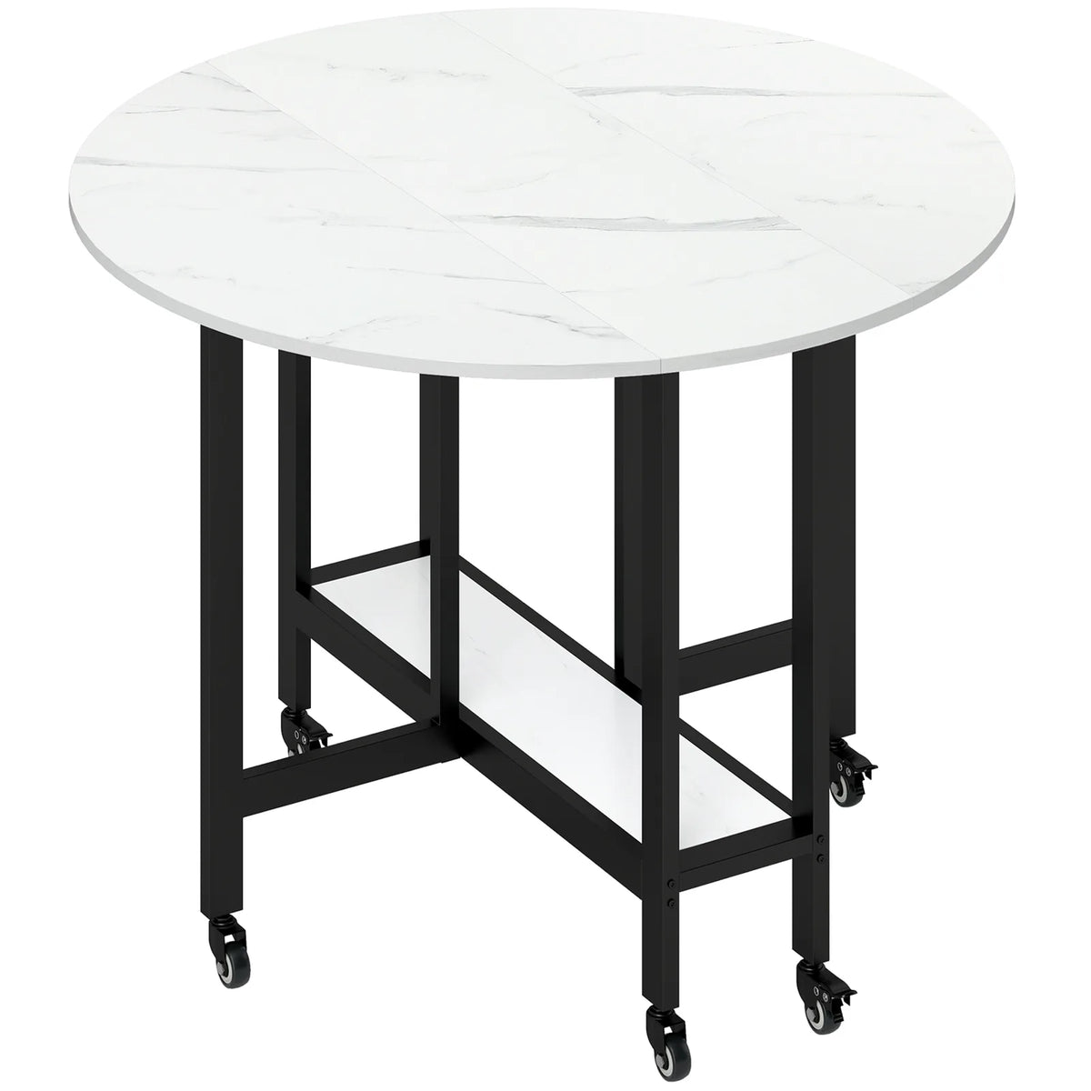 HOMCOM Folding Dining Table, Drop Leaf Table with Open Shelf, Rolling Kitchen Table for Dining Room, Small Spaces, White Marble