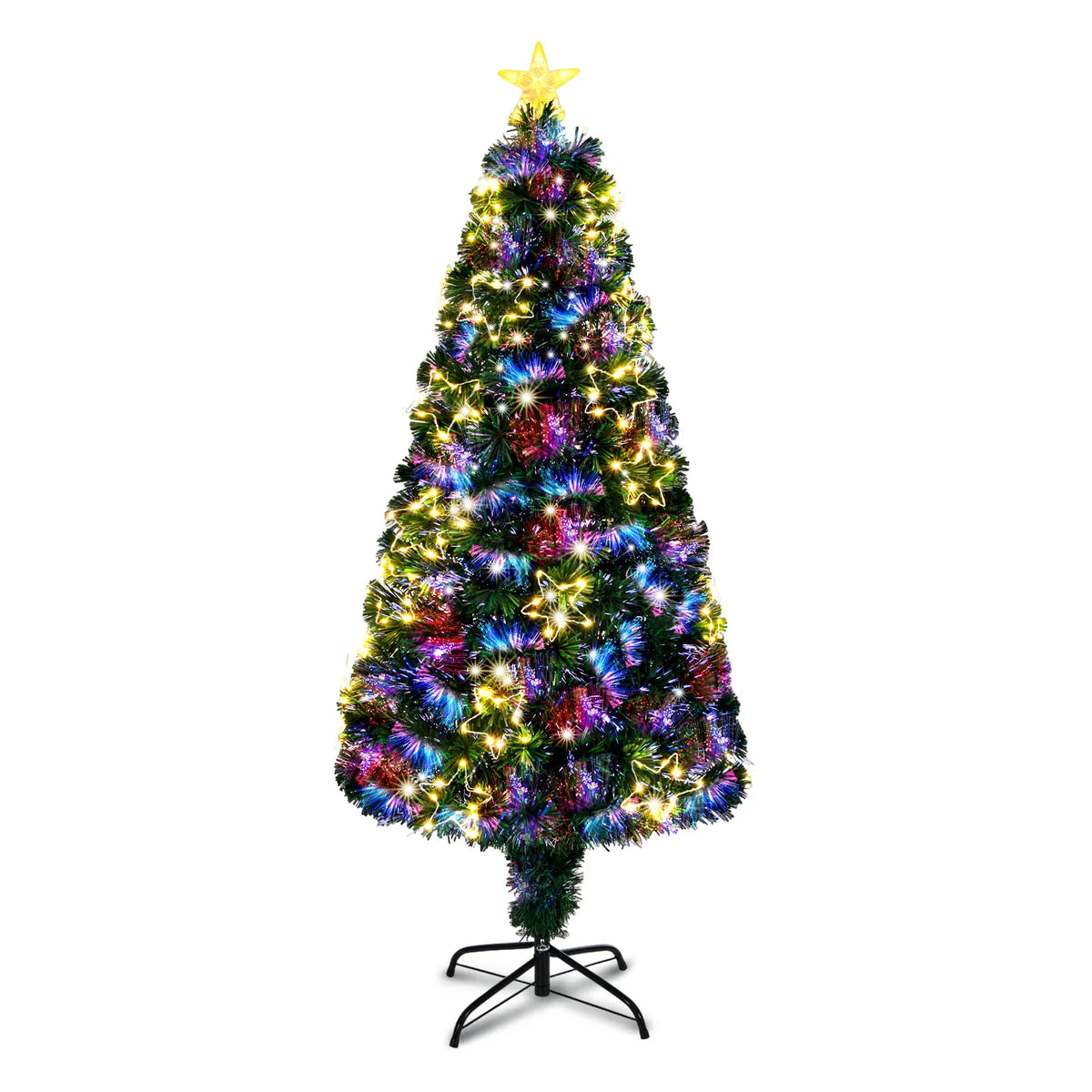 4 FT Pre-lit Fiber Optic Christmas Tree, Artificial Xmas Tree with Lighted Star Topper and Star Ornaments, Multicolor LEDs, Holiday Xmas Decoration Tree for Home Office Store Party, Green