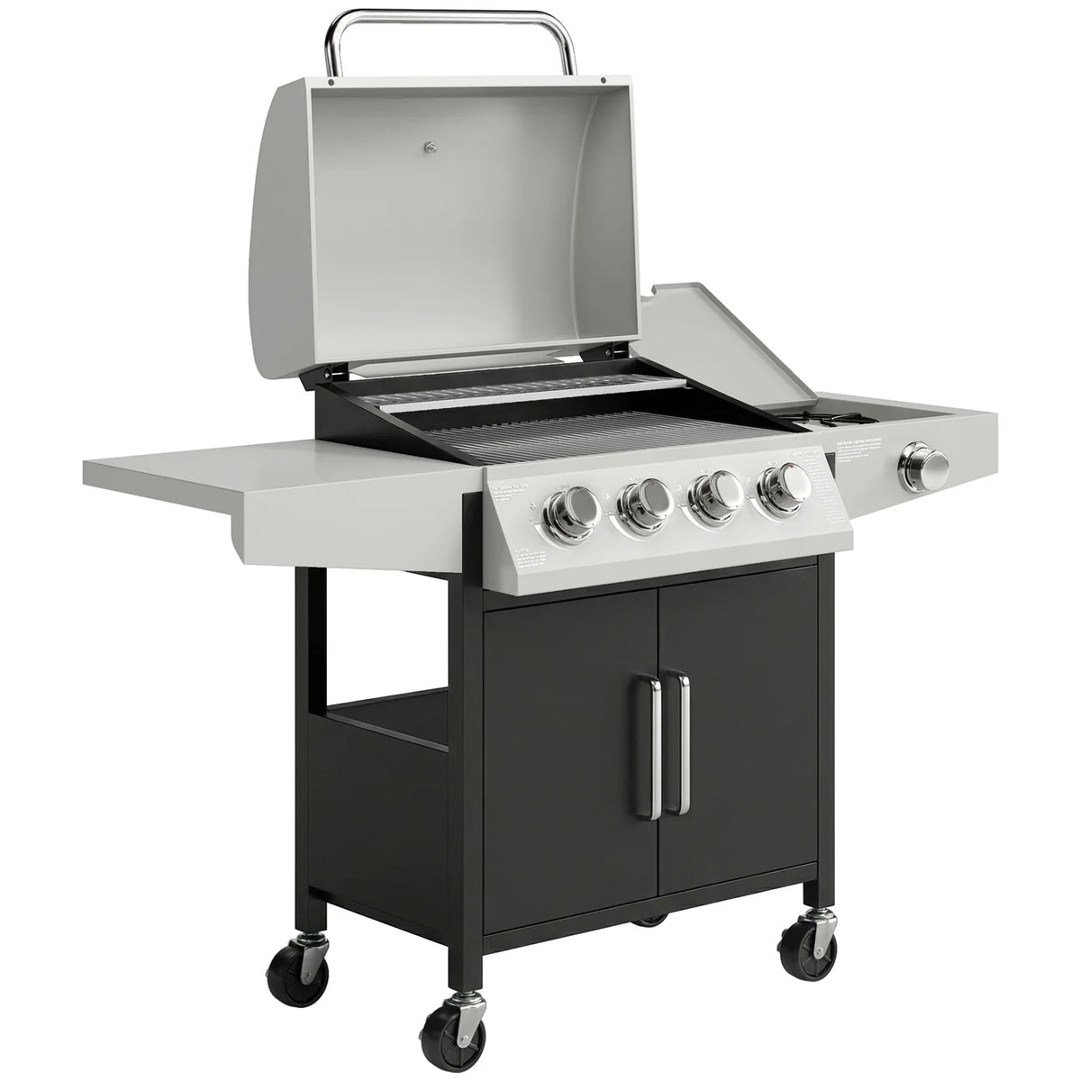 Outsunny 4 Burner Gas BBQ Grill with Side Burner, 14.5 kW Steel Portable Gas Barbecue Grill with Built-in Thermometer, Lid