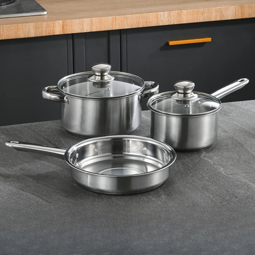 Stainless Steel 3Pcs Cookware Set Saucepan Stockpot Fry Pan w/Lids Steel Handle