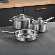 Stainless Steel 3Pcs Cookware Set Saucepan Stockpot Fry Pan w/Lids Steel Handle